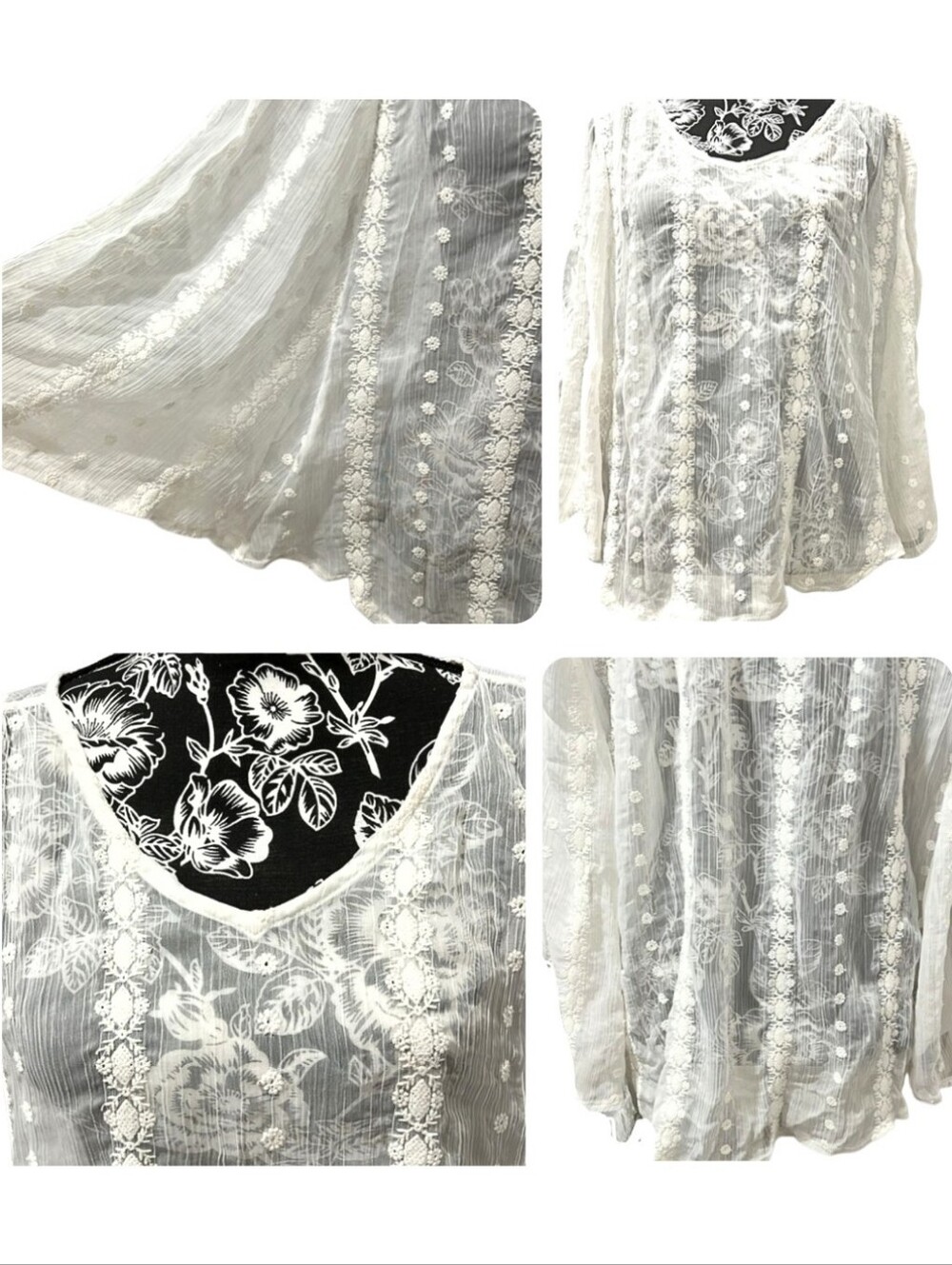 Solitaire Flowy Sheer Lace Embroidered Detailing Top Butterfly Dolman Sleeves - Picture 4 of 6